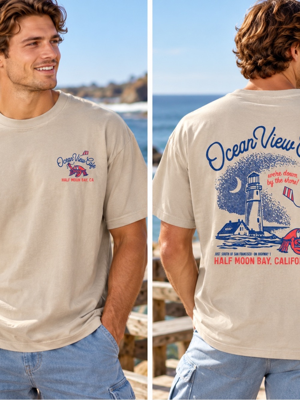 Hollister Ocean View Cafe Half Moon Bay Heavyweight Boxy Tee L NWOT